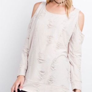 Easel 2 tone distressed cold shoulder top